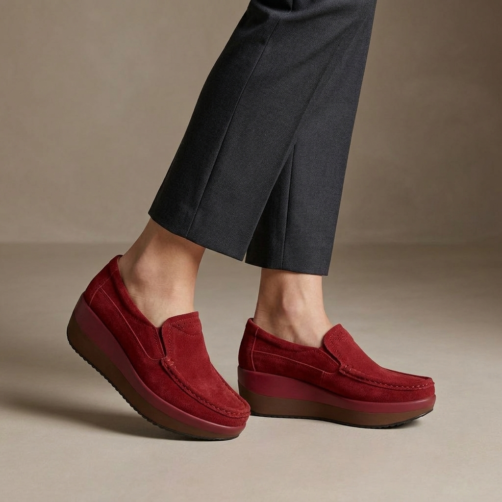 Mocassin Femme Compensé Cuir Suédé Rouge porté, pantalon anthracite