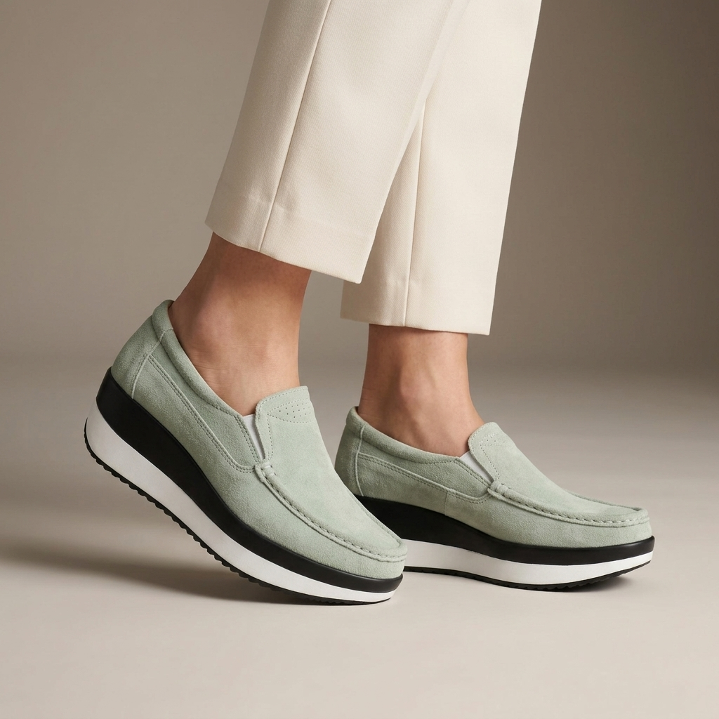 Mocassin Femme Compensé Cuir Suédé Vert Sauge porté, pantalon crème