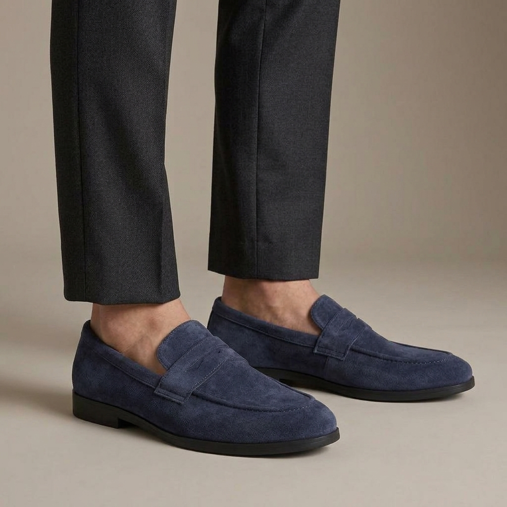 Mocassin Homme Penny Loafer Daim Preppy Bleu Marine porté, pantalon anthracite