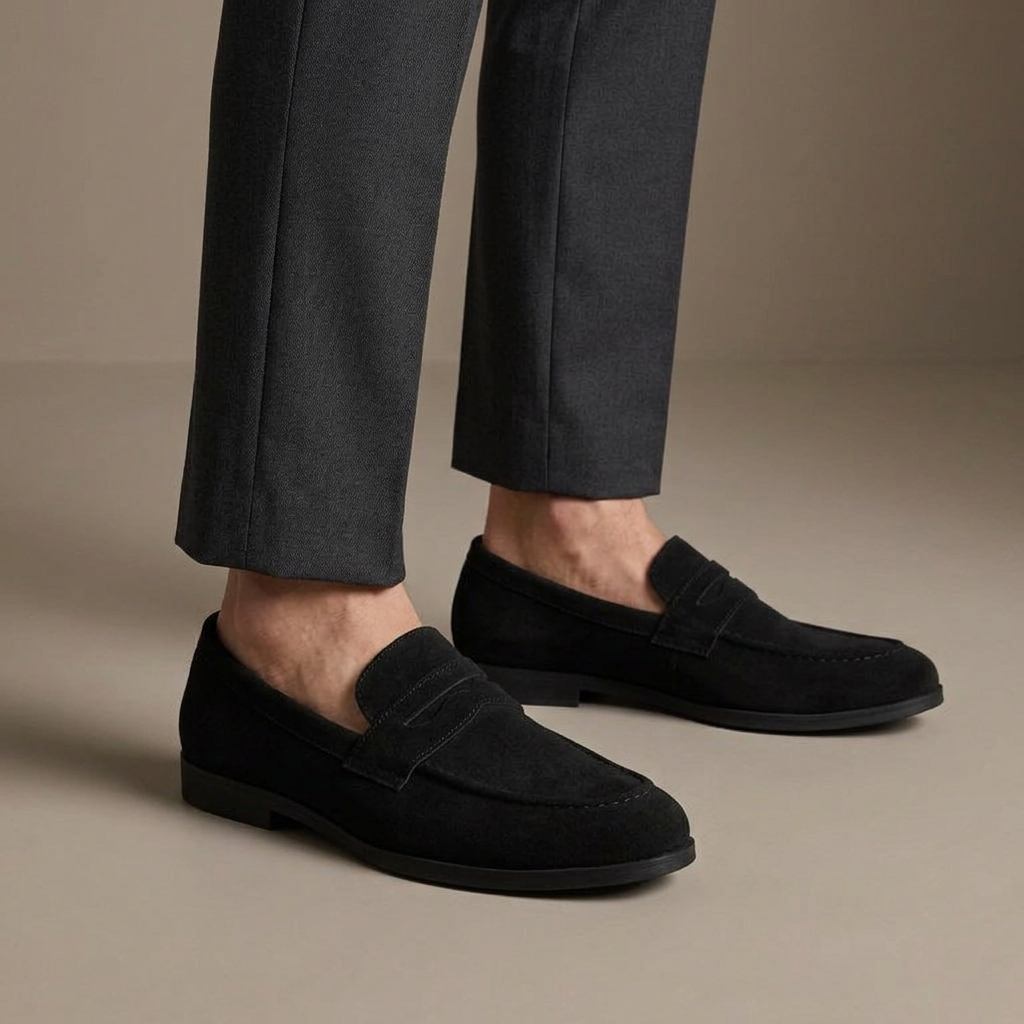Mocassin Homme Penny Loafer Daim Preppy Noir porté, pantalon anthracite