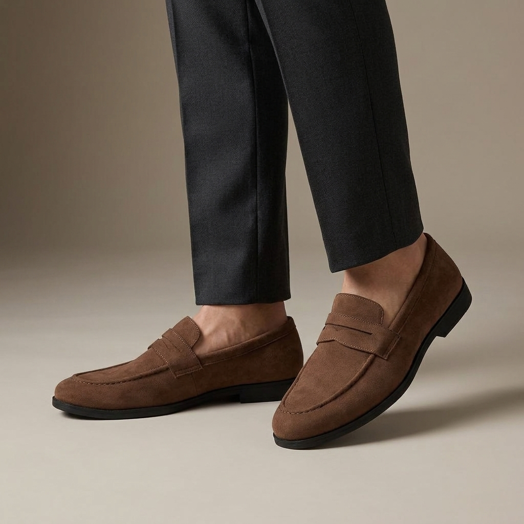 Mocassin Homme Penny Loafer Daim Preppy Marron porté, pantalon anthracite
