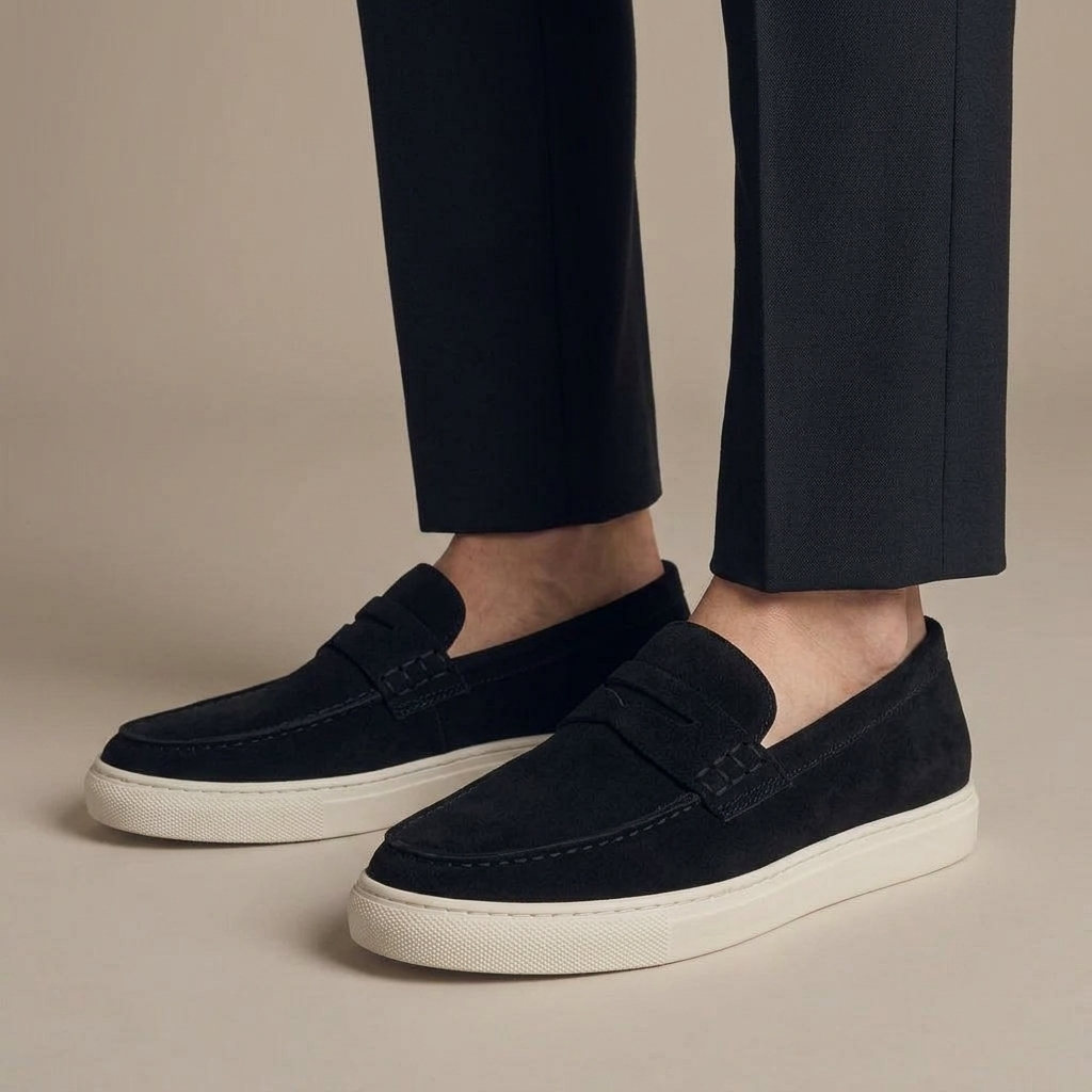 Mocassin Homme Penny Loafer Cuir Suédé Noir porté, pantalon anthracite