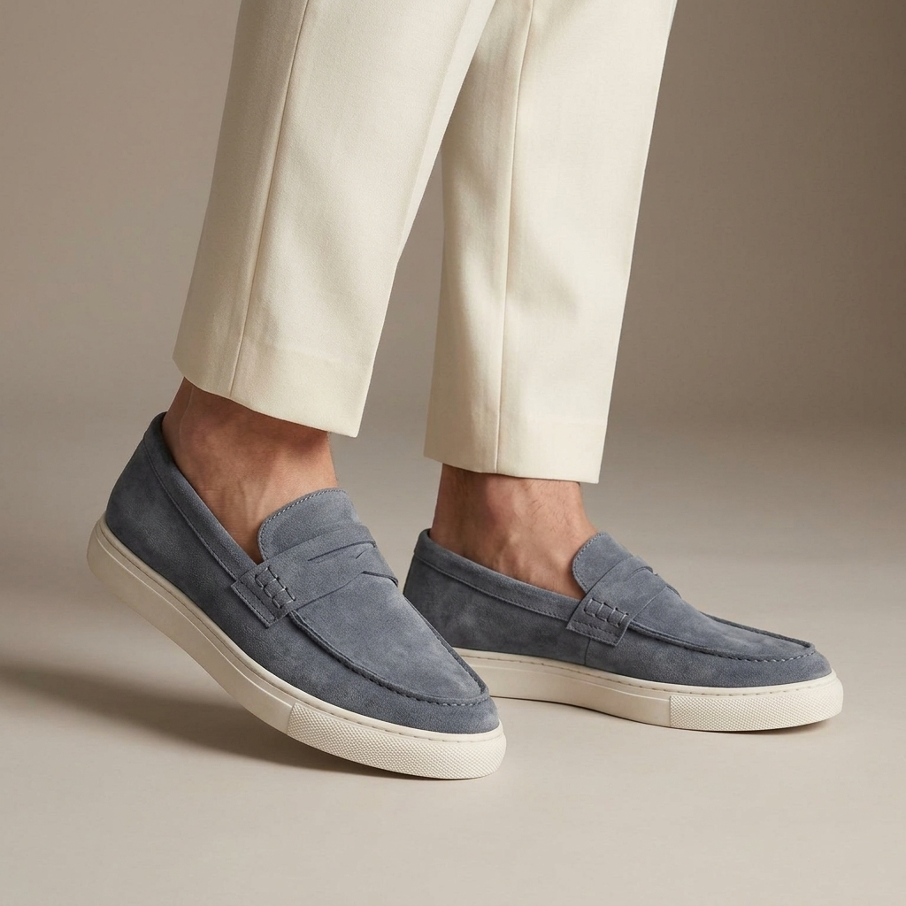 Mocassin Homme Penny Loafer Cuir Suédé Gris porté, pantalon crème