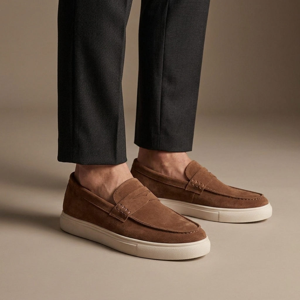 Mocassin Homme Penny Loafer Cuir Suédé Marron porté, pantalon anthracite