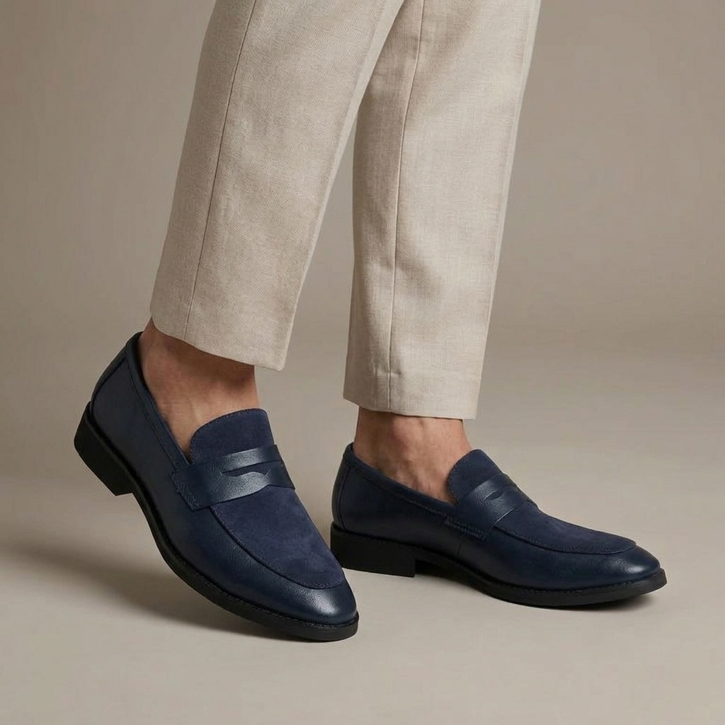 Mocassin Homme Penny Loafer Cuir et Velours à Talon Bleu porté, pantalon crème