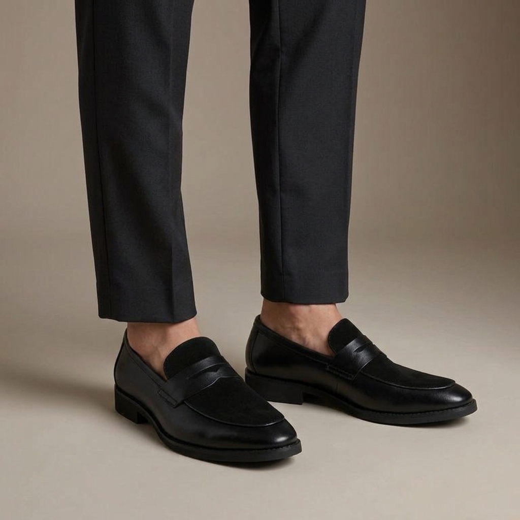 Mocassin Homme Penny Loafer Cuir et Velours à Talon Noir porté, pantalon anthracite