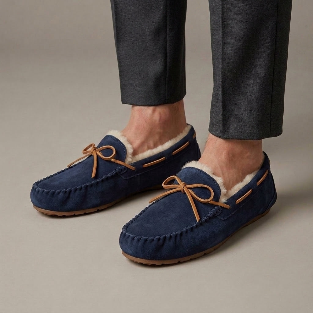 Mocassin Fourré Daim Style Indien Bleu porté, pantalon anthracite