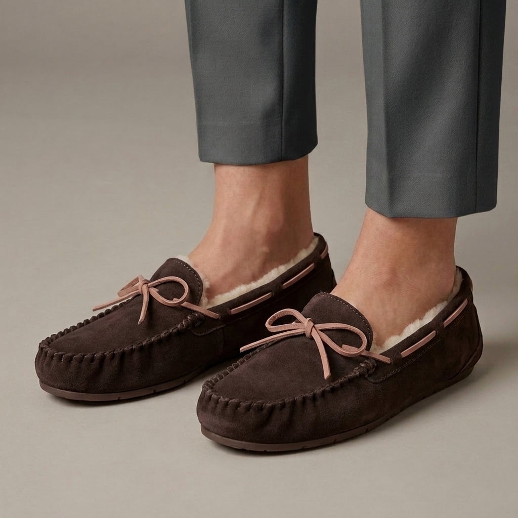 Mocassin Fourré Daim Style Indien Marron porté, pantalon anthracite
