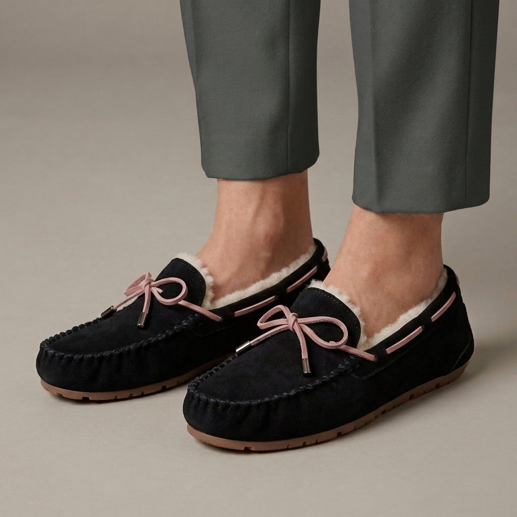 Mocassin Fourré Daim Style Indien Noir porté, pantalon anthracite