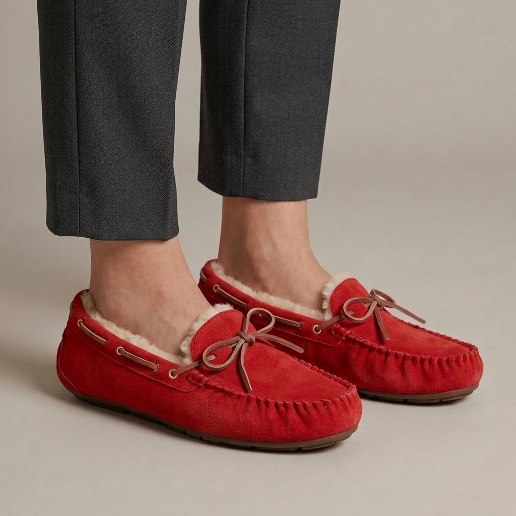 Mocassin Fourré Daim Style Indien Rouge porté, pantalon anthracite