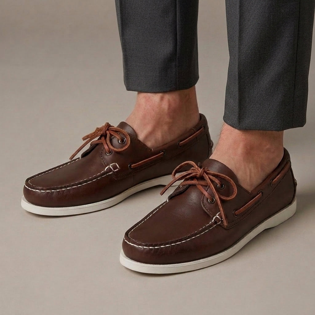 Mocassin Bateau Homme Cuir Véritable à Lacets Marron porté, pantalon anthracite