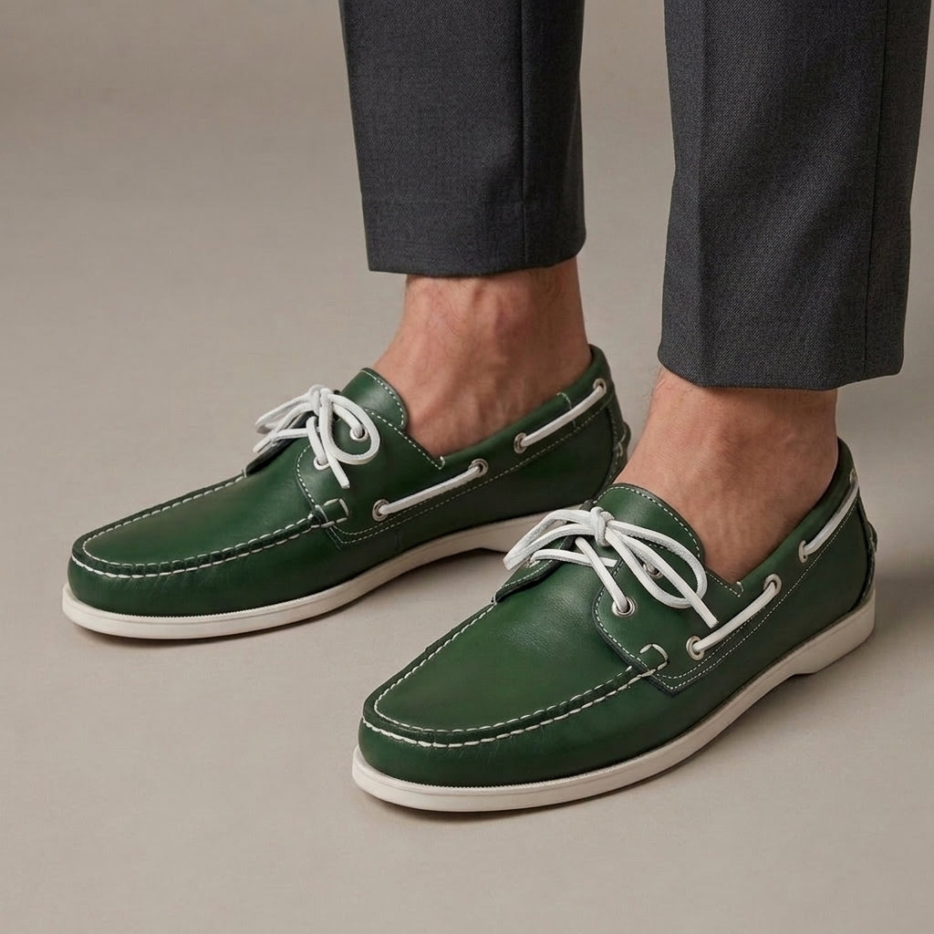 Mocassin Bateau Homme Cuir Véritable à Lacets Vert porté, pantalon anthracite