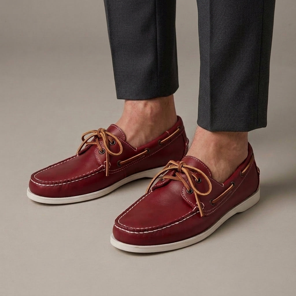 Mocassin Bateau Homme Cuir Véritable à Lacets Rouge porté, pantalon anthracite