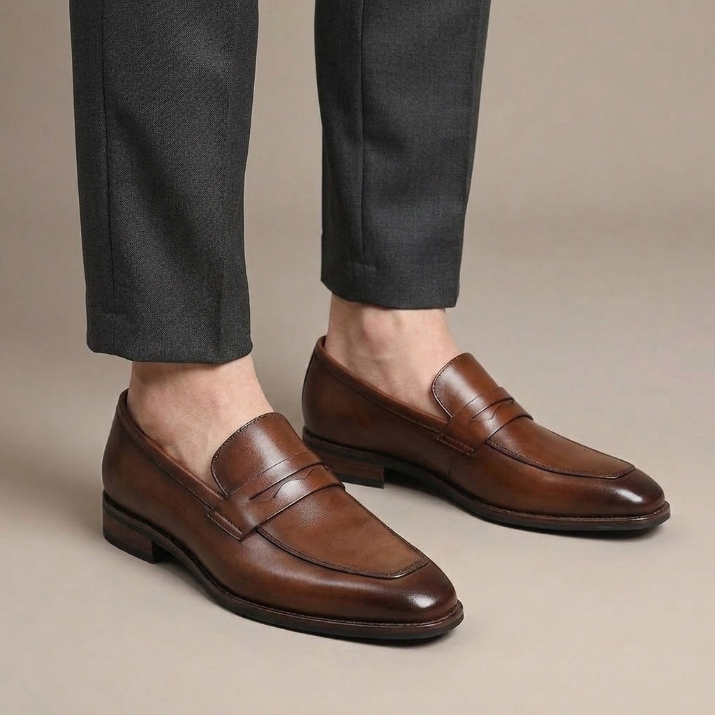 Mocassin Homme Cuir Véritable Habillé Marron porté, pantalon anthracite