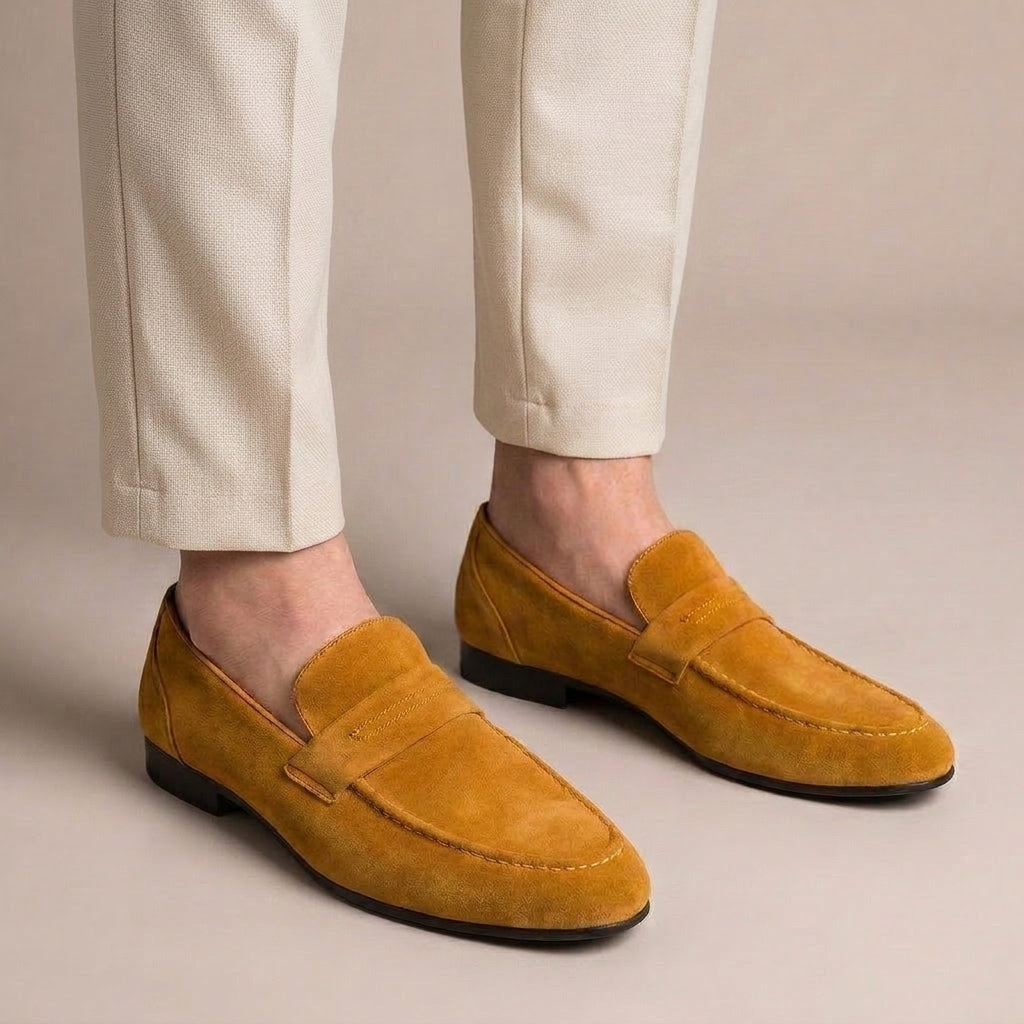 Mocassin Homme Daim à Talon Carré Camel porté, pantalon crème