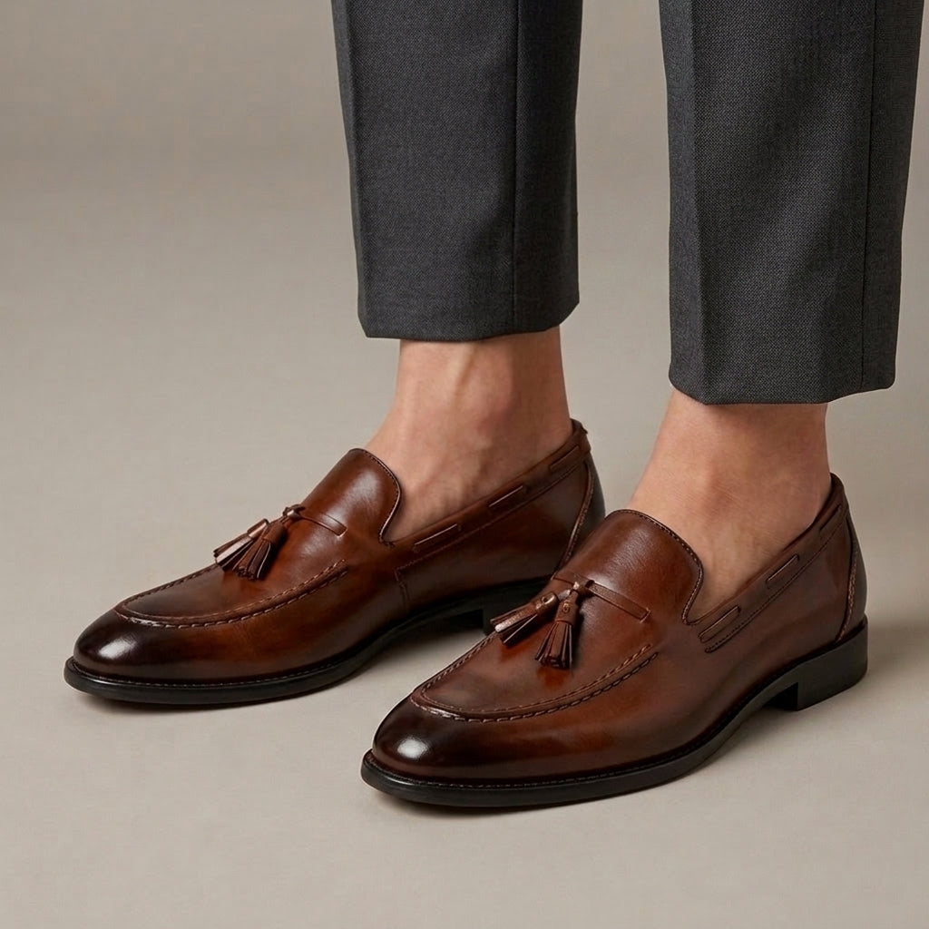 Mocassin à Glands Cuir Lisse Marron porté, pantalon anthracite