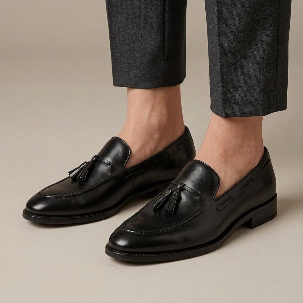 Mocassin à Glands Cuir Lisse Noir porté, pantalon anthracite