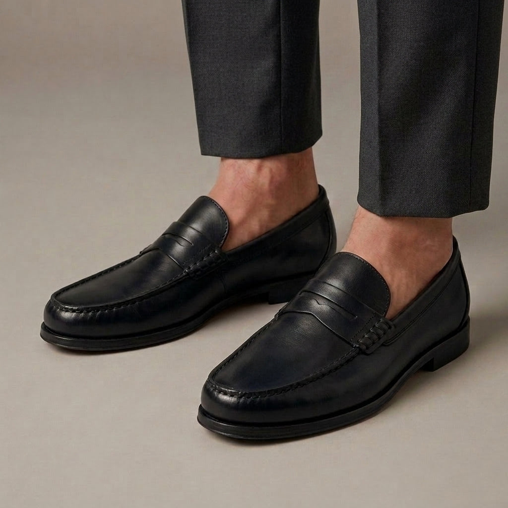 Mocassin Homme Penny Loafer Cuir Véritable Noir porté, pantalon anthracite