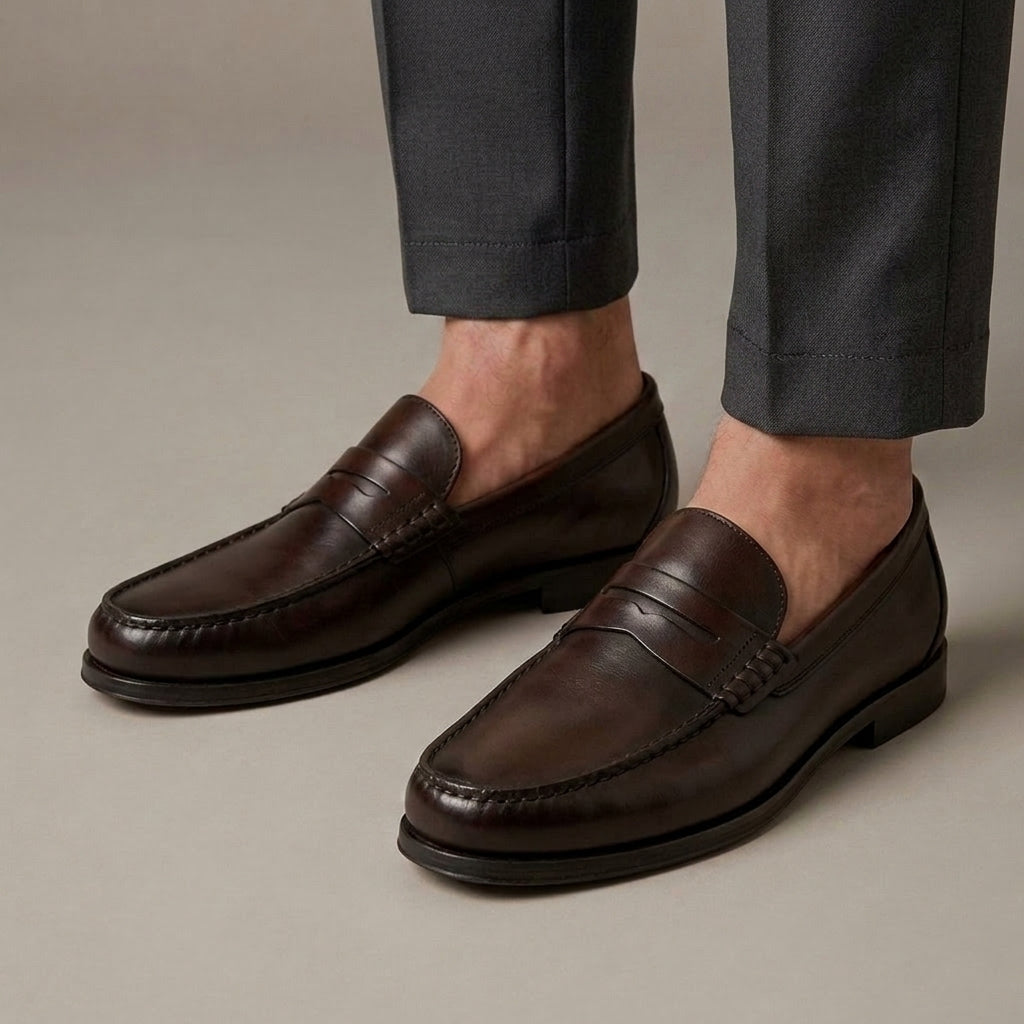 Mocassin Homme Penny Loafer Cuir Véritable Marron porté, pantalon anthracite