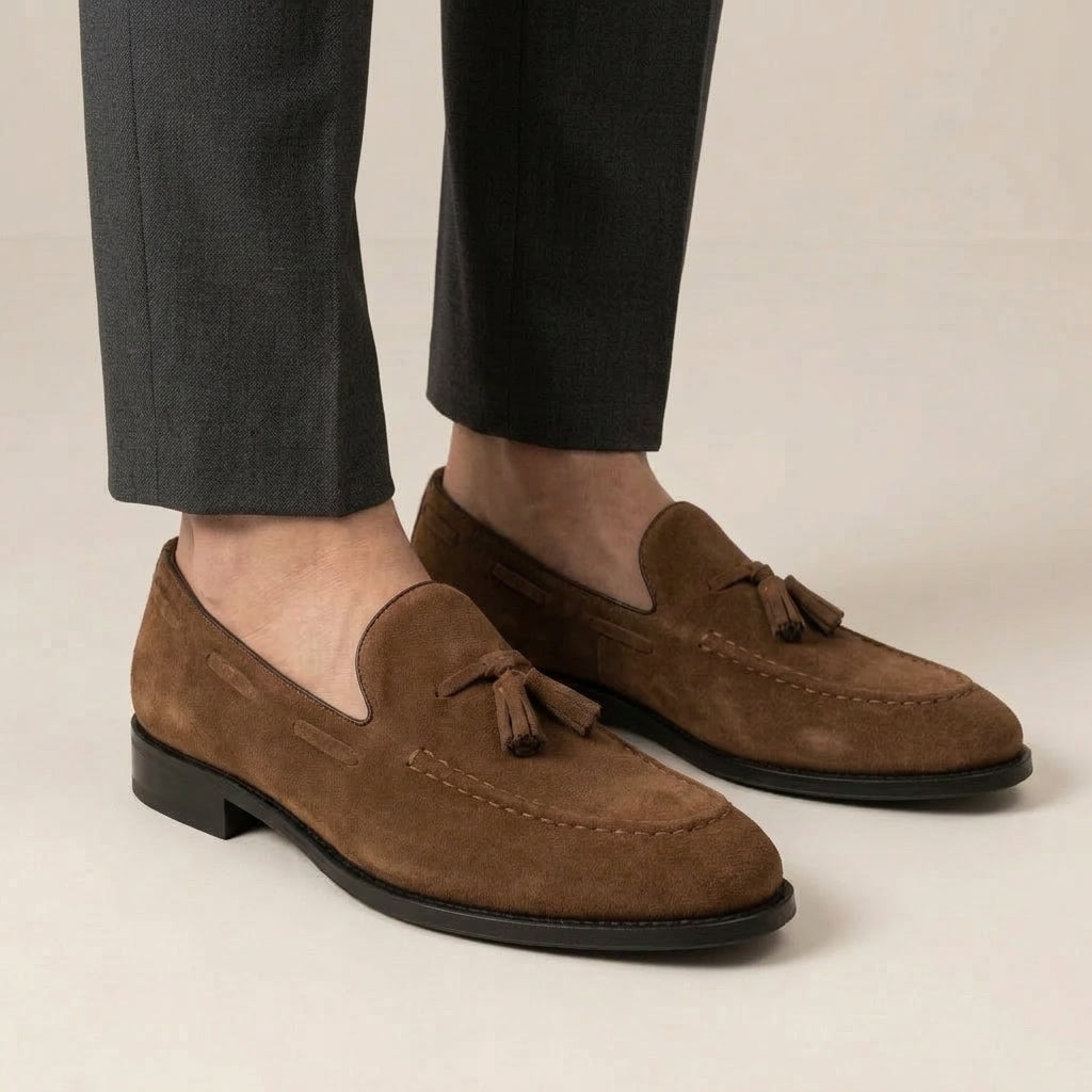 Mocassin Homme à Gland Cuir Suédé à Talon Marron porté, pantalon anthracite