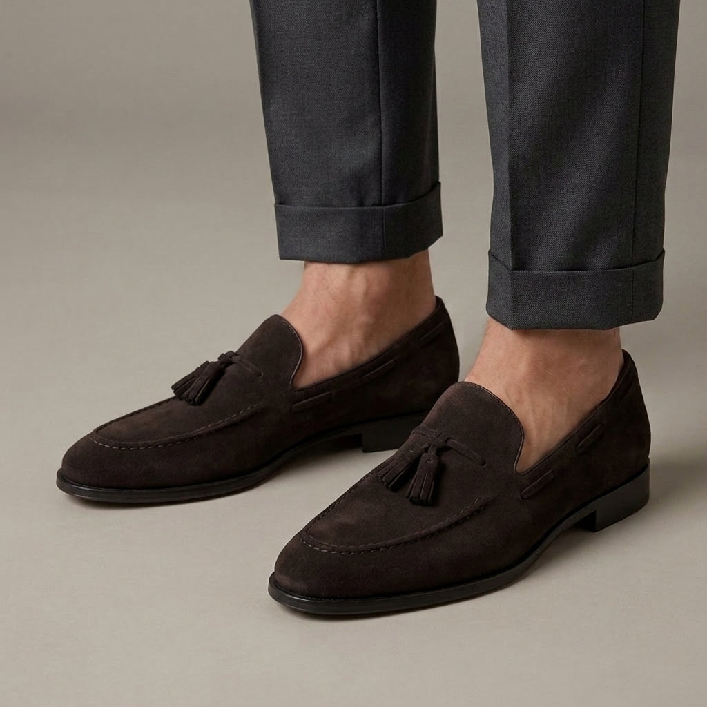Mocassin Homme à Gland Cuir Suédé à Talon Brun porté, pantalon anthracite