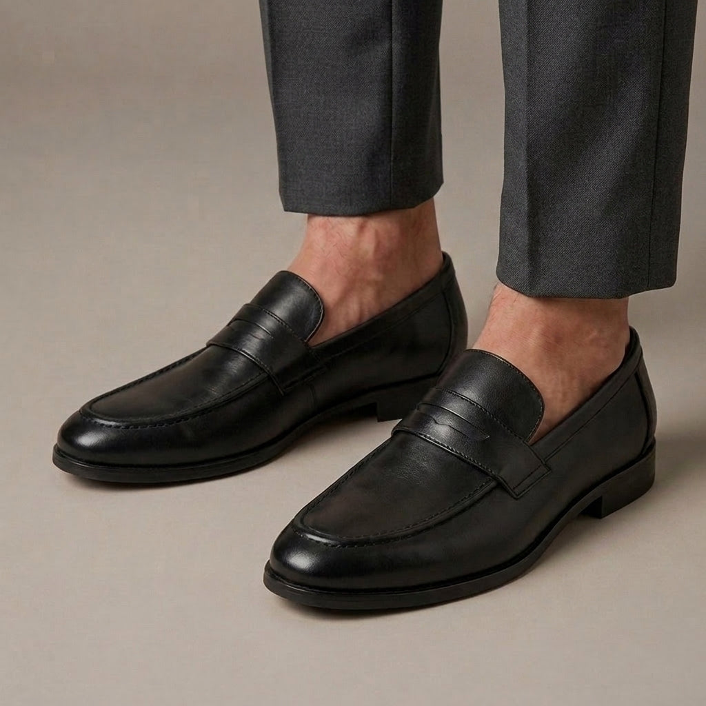 Mocassin Homme Penny Loafer Habillé Cuir à Talon Noir porté, pantalon anthracite