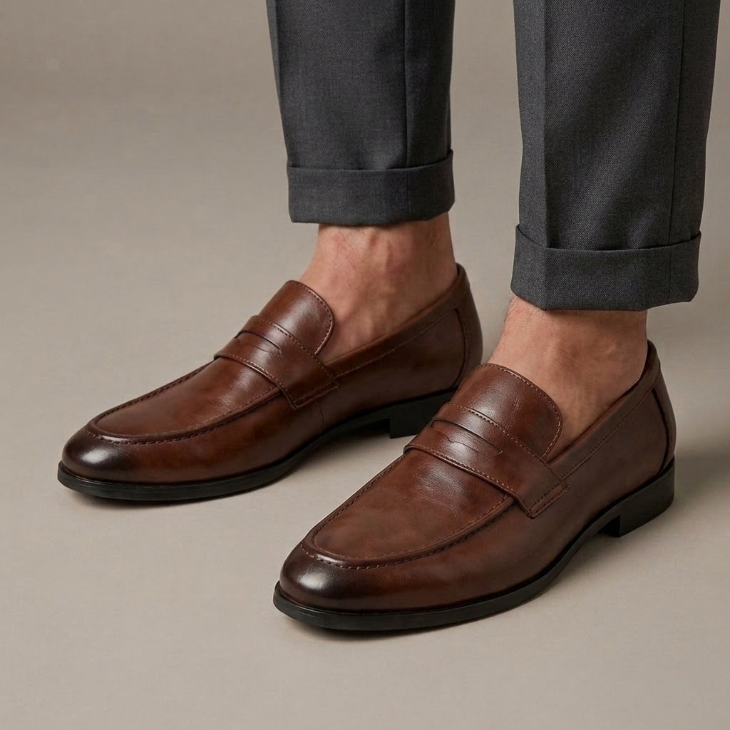 Mocassin Homme Penny Loafer Habillé Cuir à Talon Marron porté, pantalon anthracite