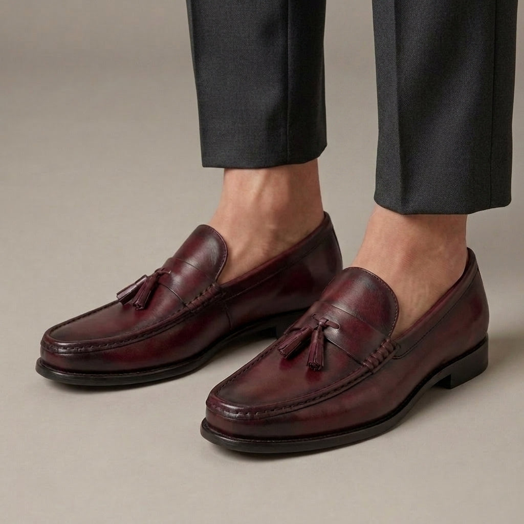 Mocassin Habillé à Glands Cuir Véritable Rouge porté, pantalon anthracite