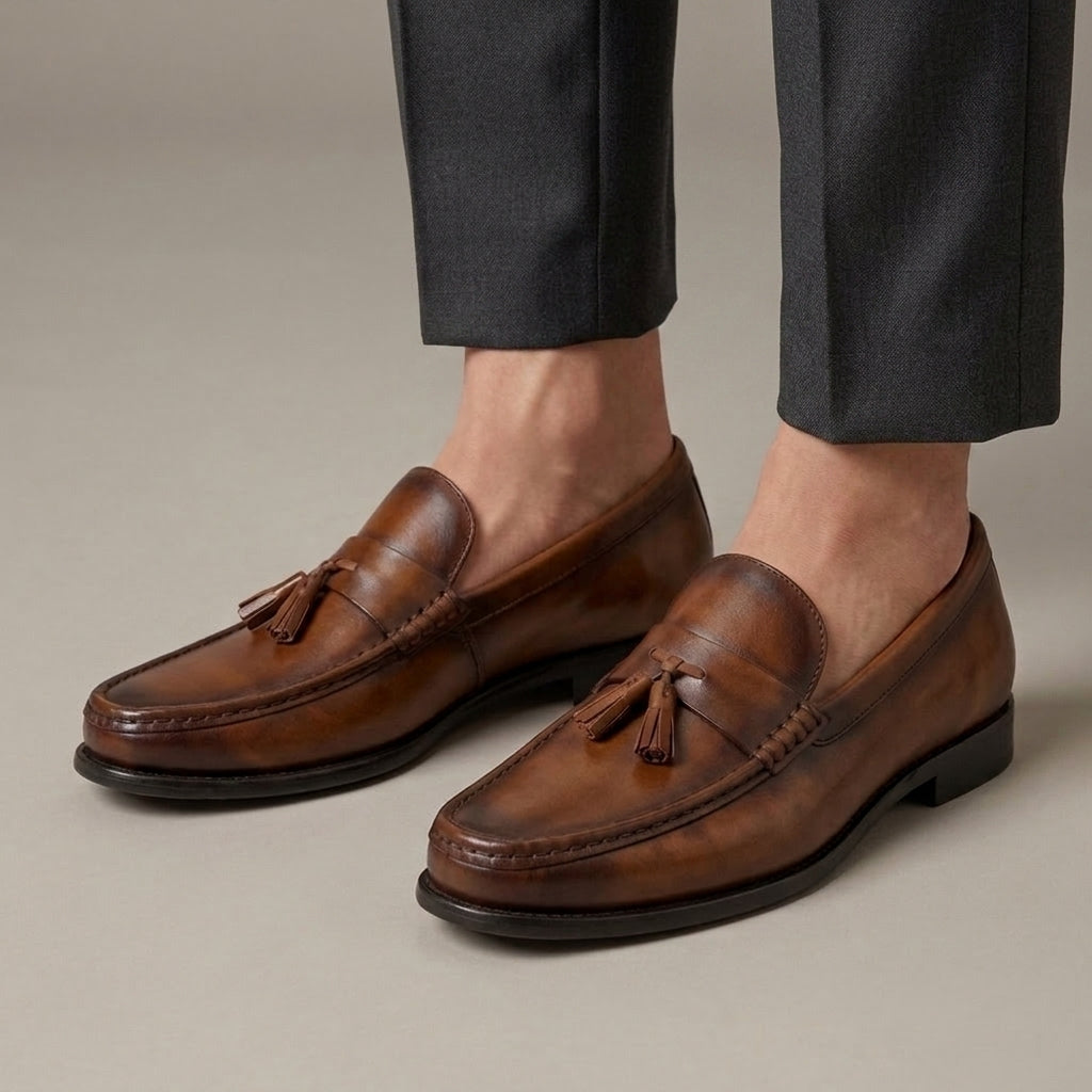 Mocassin Habillé à Glands Cuir Véritable Marron porté, pantalon anthracite
