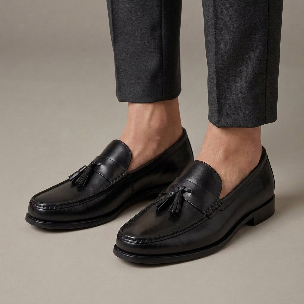 Mocassin Habillé à Glands Cuir Véritable Noir porté, pantalon anthracite