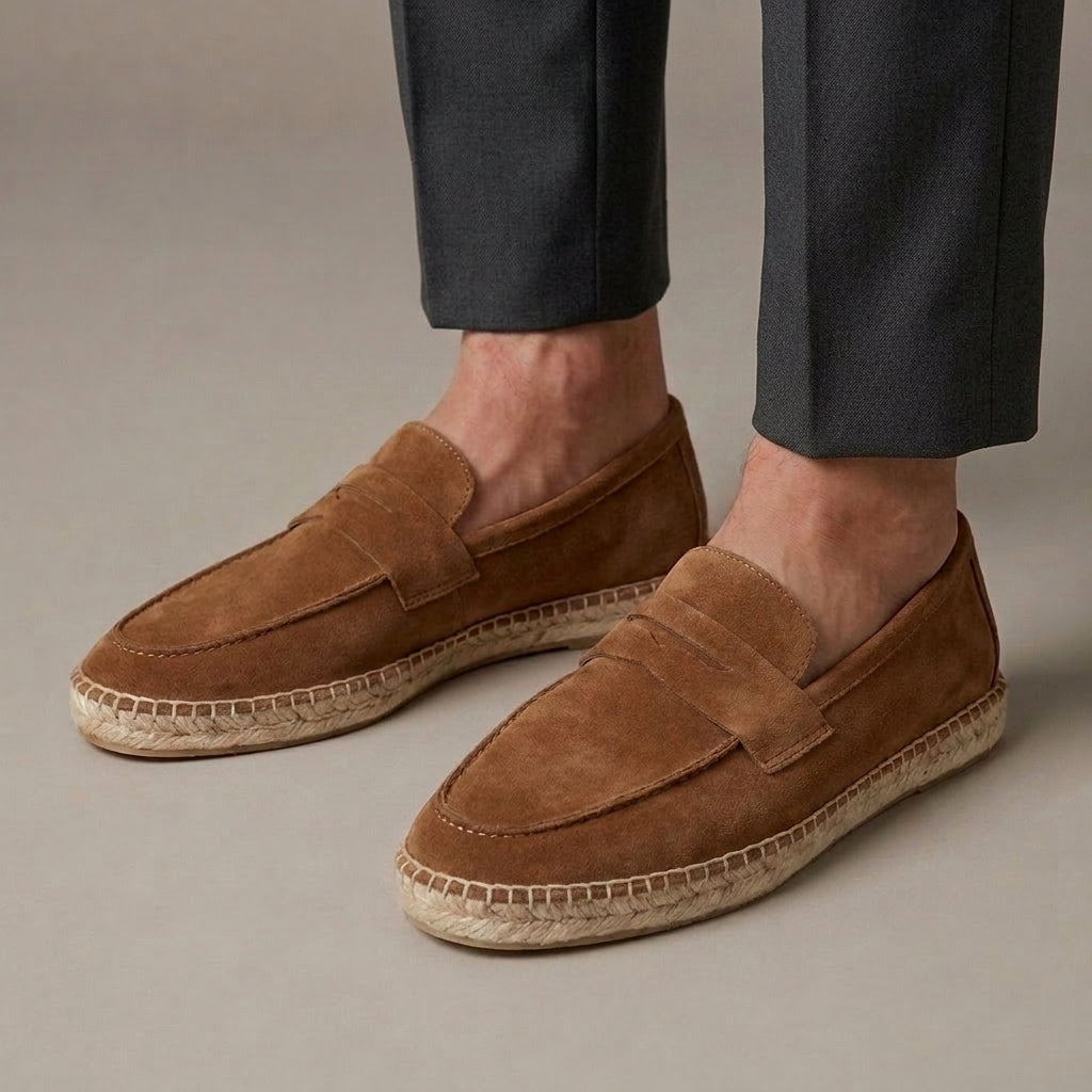 Mocassin Homme Penny Loafer Daim Bordure Jute Tressé Marron porté, pantalon anthracite