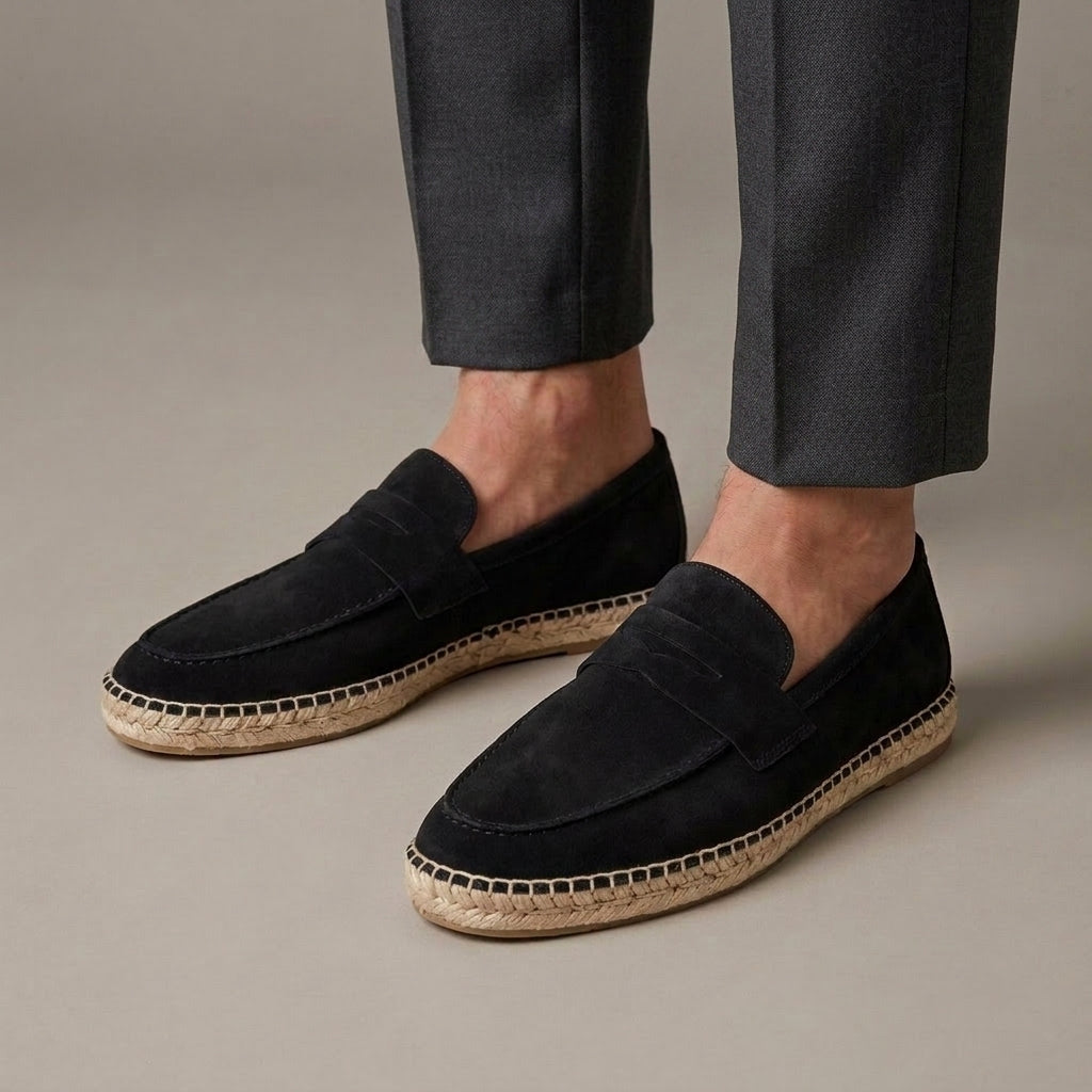 Mocassin Homme Penny Loafer Daim Bordure Jute Tressé Noir porté, pantalon anthracite