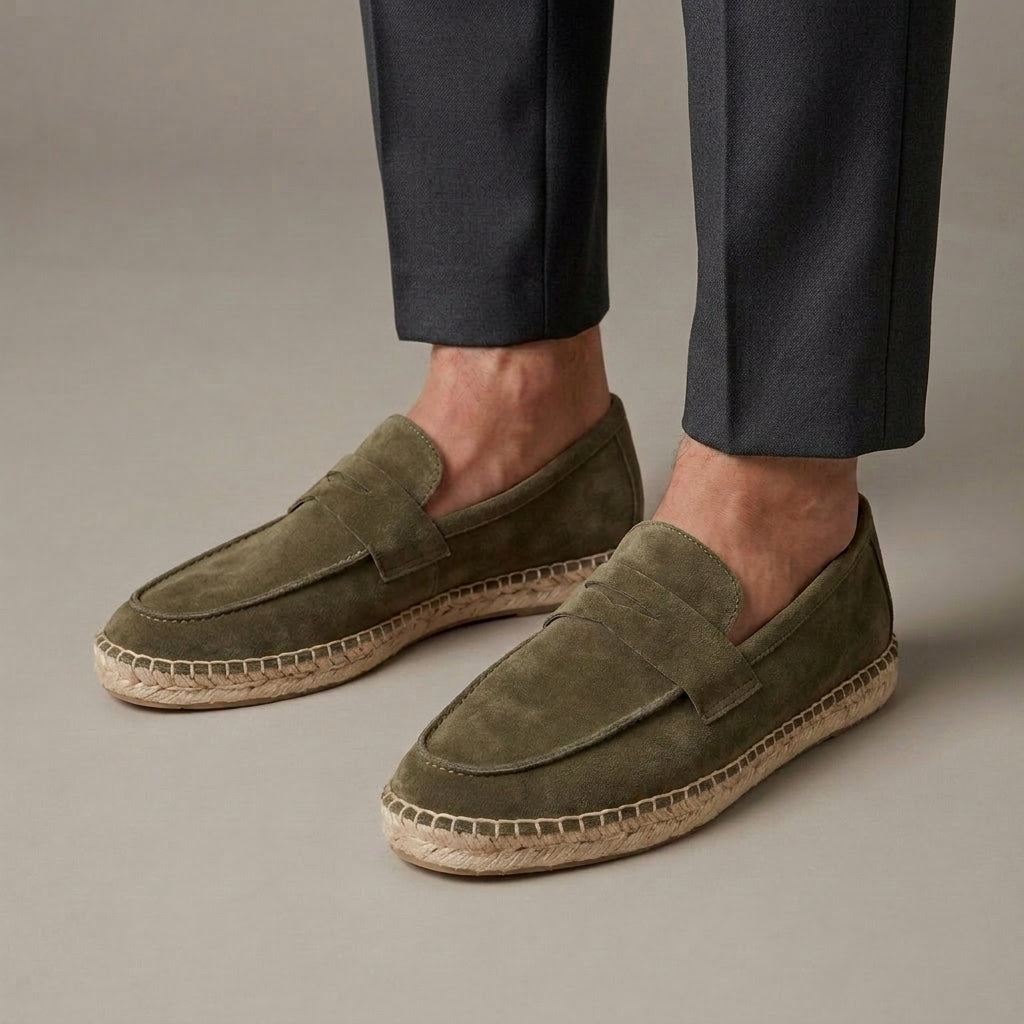 Mocassin Homme Penny Loafer Daim Bordure Jute Tressé Vert porté, pantalon anthracite