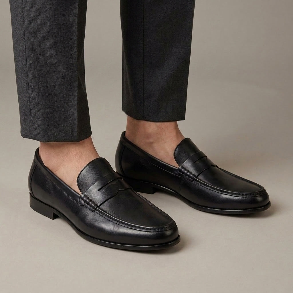 Mocassin Homme Penny Loafer Cuir Patiné Noir porté, pantalon anthracite